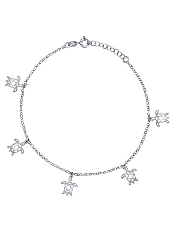 925 Sterling Silver Womens Ocean Life Turtle Charms Anklet 10 Inch Anklet for Women - 2.5 Grams