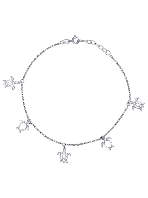 925 Sterling Silver Womens Ocean Life Turtle Charms Anklet 10 Inch Anklet for Women - 2.8 Grams