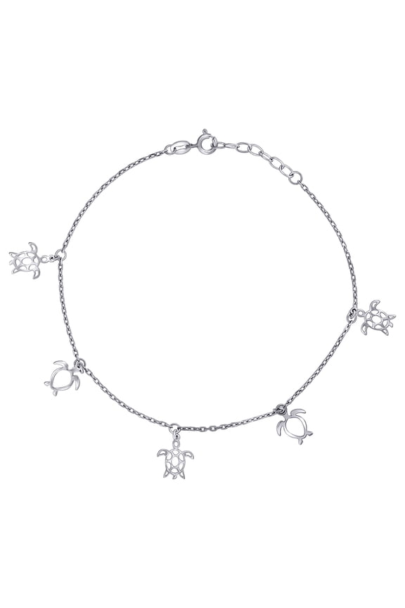 925 Sterling Silver Womens Ocean Life Turtle Charms Anklet 10 Inch Anklet for Women - 2.8 Grams