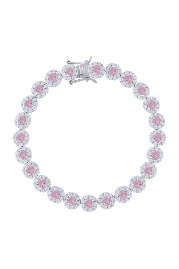 925 Sterling Silver Womens Pink & White Cubic Zirconia Fancy Tennis Flower Bracelet Size 8 Inches