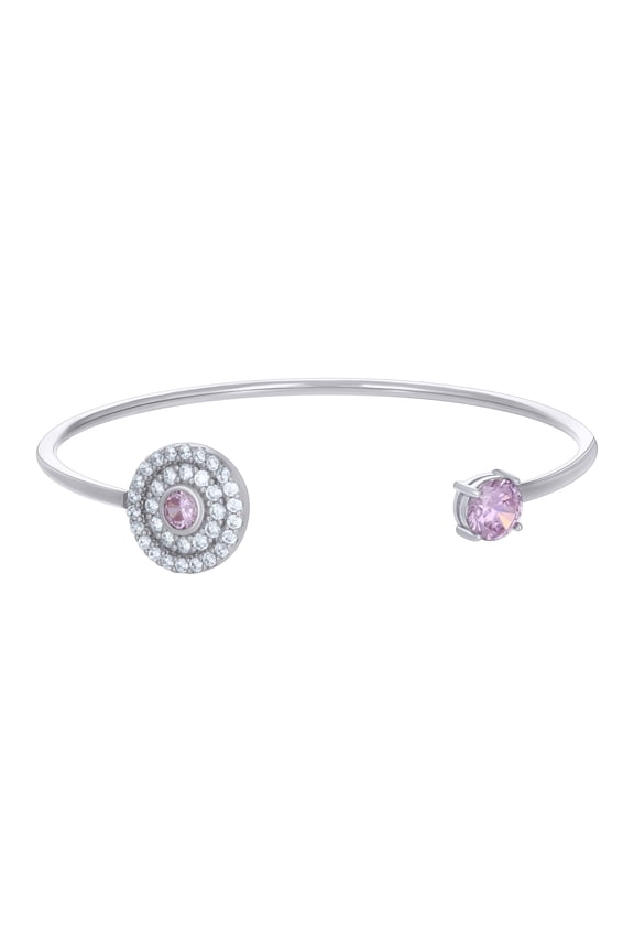 925 Sterling Silver Womens Pink White Cubic-Zirconia Fashion Cuff Bangle