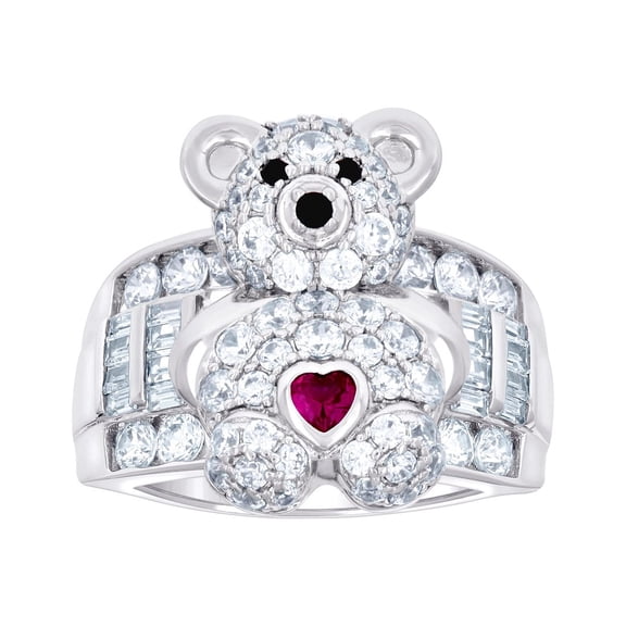 925 Sterling Silver Womens Pink/black White Baguette/Love Heart Round Cubic Zirconia Teddy Bear Heart Ring 19.1x3.6mm Wi