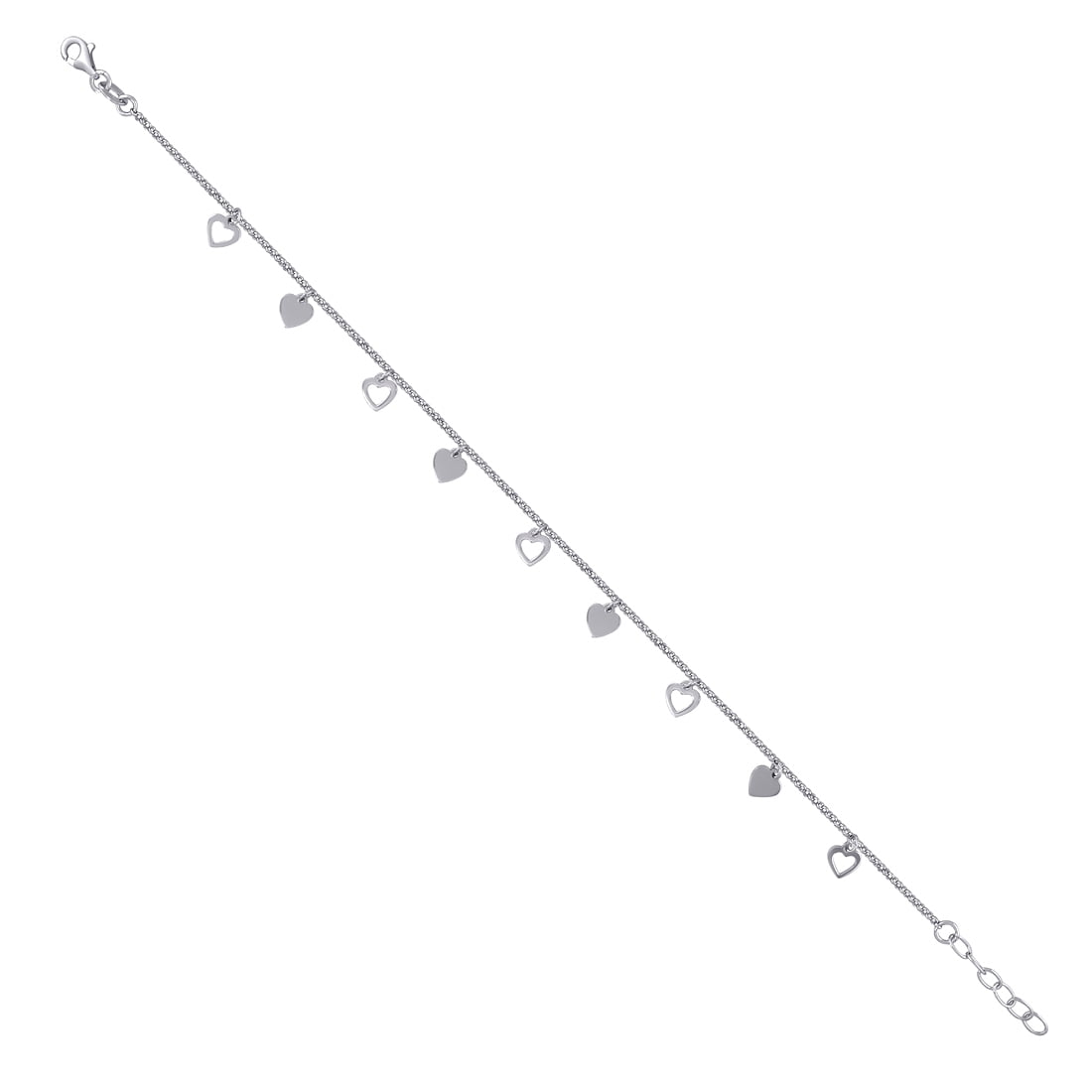 925 Sterling Silver Womens Rolo Link Love Heart Charms Anklet 7mm Long Anklet for Women - 3.3 Grams