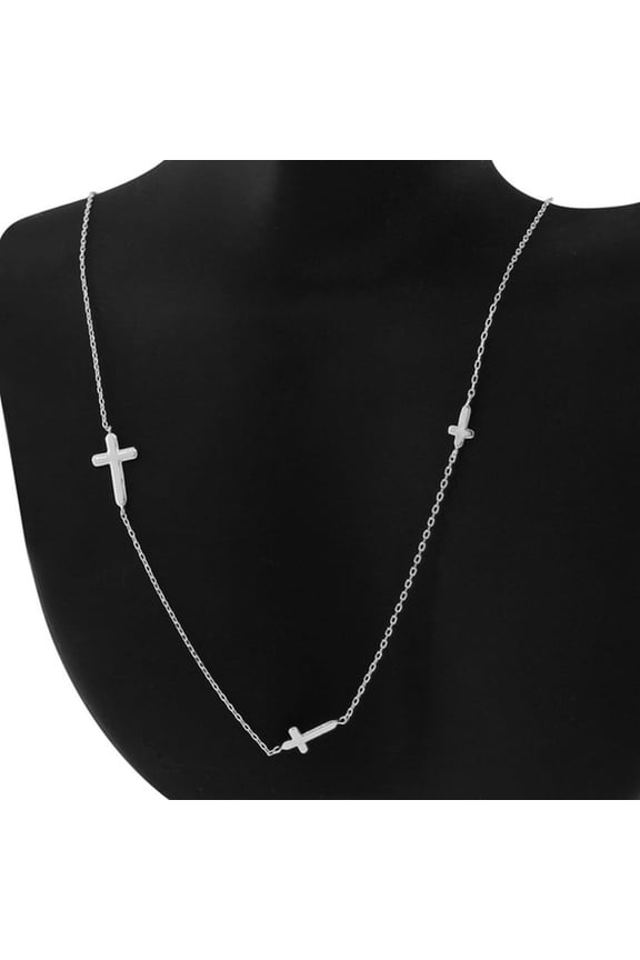 Sterling Silver Women's Sideways Religious Triple Cross Chain Necklace
