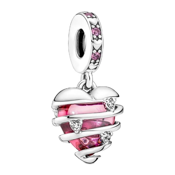 925 Sterling Silver Wrapped Silver Wire Pink Crystal Heart Dangle Charm for Bracelet Charms Bangle Pendant Jewelry