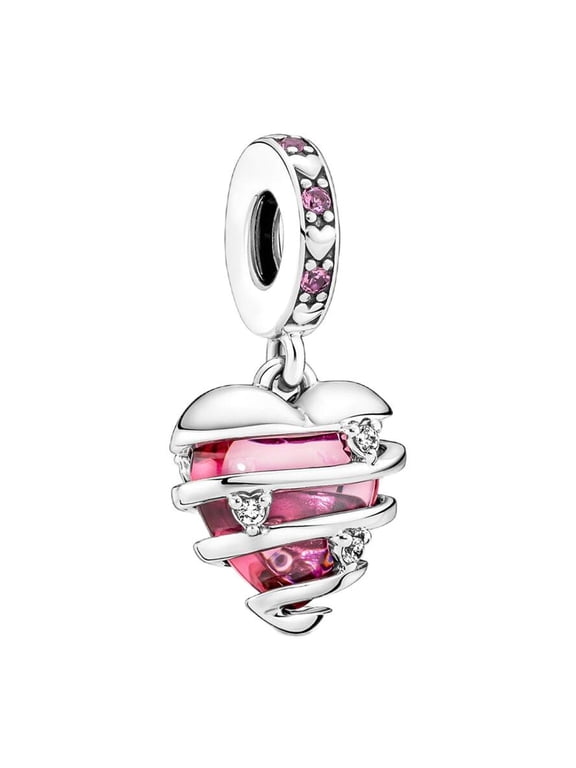 925 Sterling Silver Wrapped Silver Wire Pink Crystal Heart Dangle Charm for Bracelet Charms Bangle Pendant Jewelry