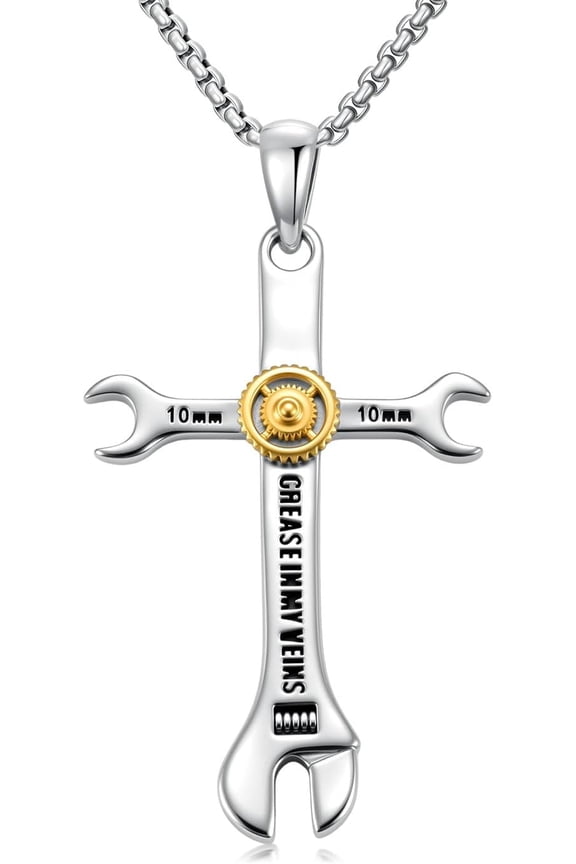 925 Sterling Silver Wrench Cross Necklace for Men, Grease in My Veins Mechanic Jewelry with Gold Gear Detail, Industrial Biker Cross Pendant, 22+2" Chain
