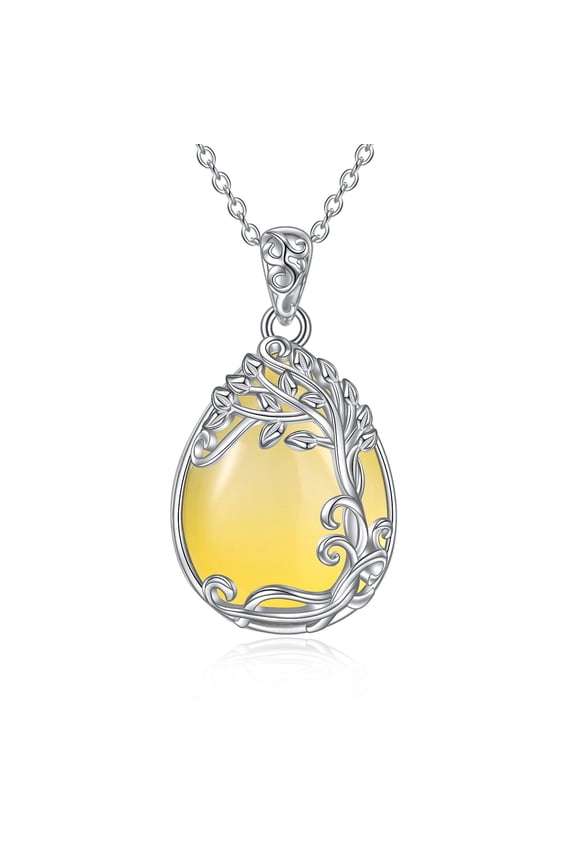 925 Sterling Silver Yellow Agate Necklace Tree of Life Teardrop Pendant Necklace Jewelry for Women (LL-Tree of Life Yellow Agate Necklace)