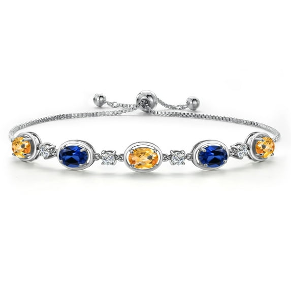 925 Sterling Silver Yellow Citrine and Blue Created Sapphire and Moissanite Tennis Bracelet for Women | 4.18 Cttw | Gemstone November Birthstone | Oval Checkerboard 7X5MM | Fully Adjustable 10 inch