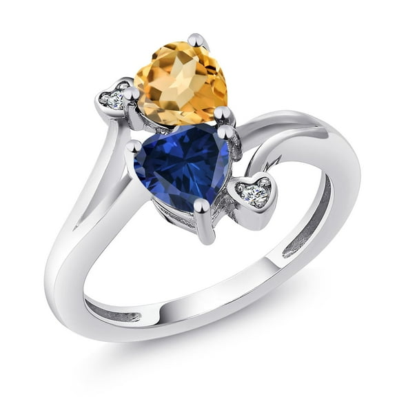 Gem Stone King 925 Sterling Silver Yellow Citrine Blue Created Sapphire and White Lab Grown Diamond Ring for Women (1.48 Cttw, Heart Shape 6MM, Gemstone November Birthstone, Size 6)