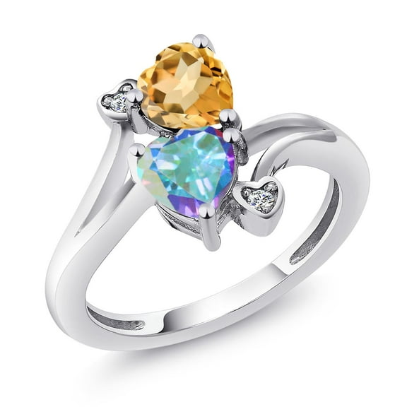 Gem Stone King 925 Sterling Silver Yellow Citrine Mercury Mist Mystic Topaz and White Diamond Ring for Women (1.68 Cttw, Heart Shape 6MM, Gemstone November Birthstone, Size 8)