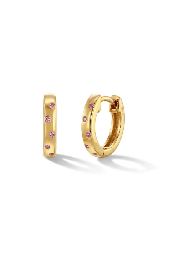 925 Sterling Silver Yellow Gold Flashed Pink CZ Huggie Hoop Earrings For Girls