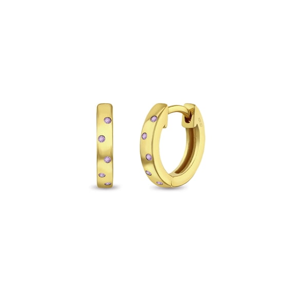 925 Sterling Silver Yellow Gold Flashed Pink CZ Huggie Hoop Earrings For Girls