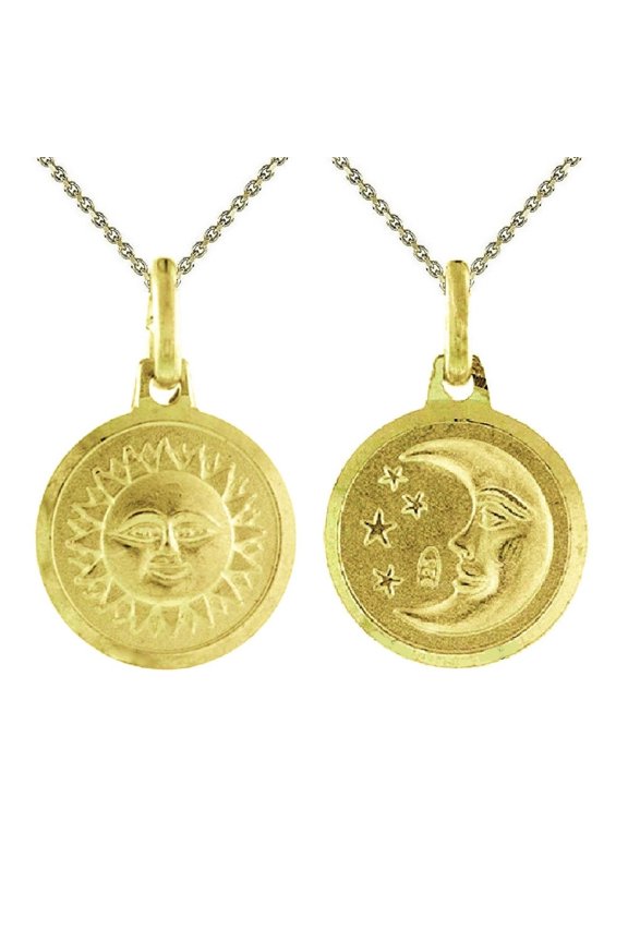 925 Sterling Silver Yellow Gold Plated 1mm Cable Chain Necklace w/ 2-sided Sun & Crescent Moon Pendant Charm