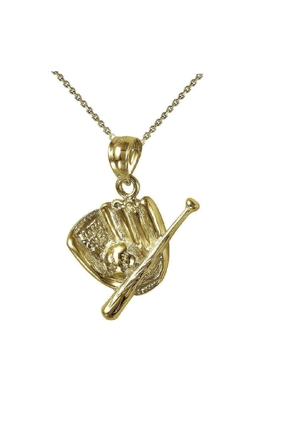 925 Sterling Silver Yellow Gold Plated 1mm Cable Chain Necklace w/ Baseball Glove Mitt, Bat & Ball Pendant Charm