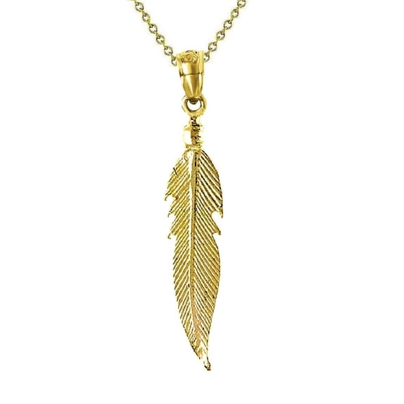 925 Sterling Silver Yellow Gold Plated 1mm Cable Chain Necklace w/ Feather Double Sided Pendant Charm