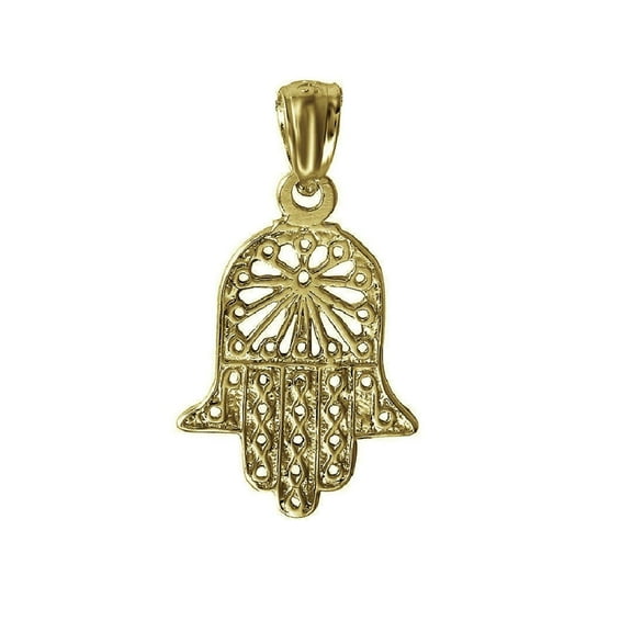 925 Sterling Silver Yellow Gold Plated 1mm Cable Chain Necklace w/ Hamsa Hand Pendant Charm