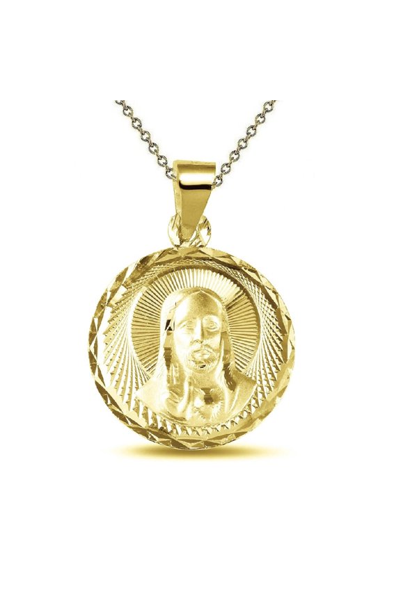 925 Sterling Silver Yellow Gold Plated 1mm Cable Chain Necklace w/ Jesus Round-Shaped Pendant Charm