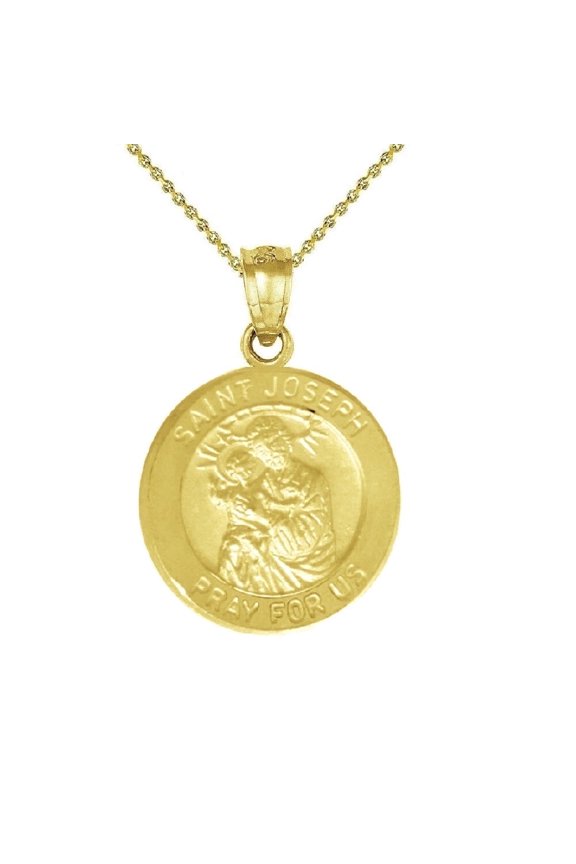 925 Sterling Silver Yellow Gold Plated 1mm Cable Chain Necklace w/ Saint Joseph Pray For Us Pendant Charm