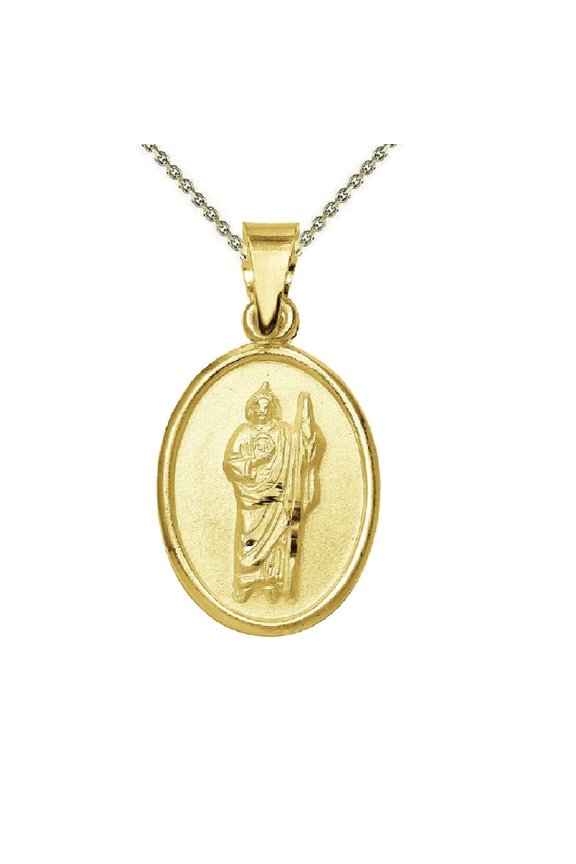 925 Sterling Silver Yellow Gold Plated 1mm Cable Chain Necklace w/ Saint Jude Oval-Shaped Pendant Charm