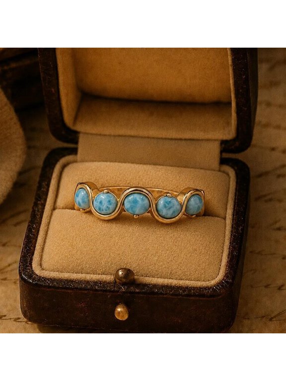 925 Sterling Silver Yellow Gold Plated Larimar Ring For Women, Wavy Band Blue Stone Ring, Vintage Style Scalloped Ring, Light Blue Cabochon Ring, Boho Jewelry Gift For Her