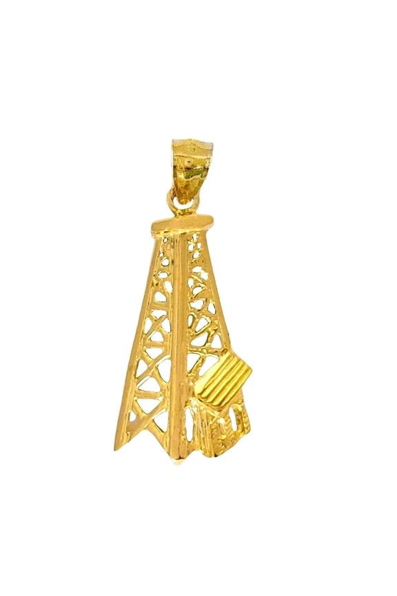 925 Sterling Silver Yellow Gold Plated Necklace w/ Oil Well, Oil Rig Pendant Charm