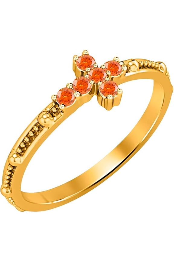 925 Sterling Silver Yellow Gold Plated Orange Sapphire Cross Ring - Women's Christmas Gift