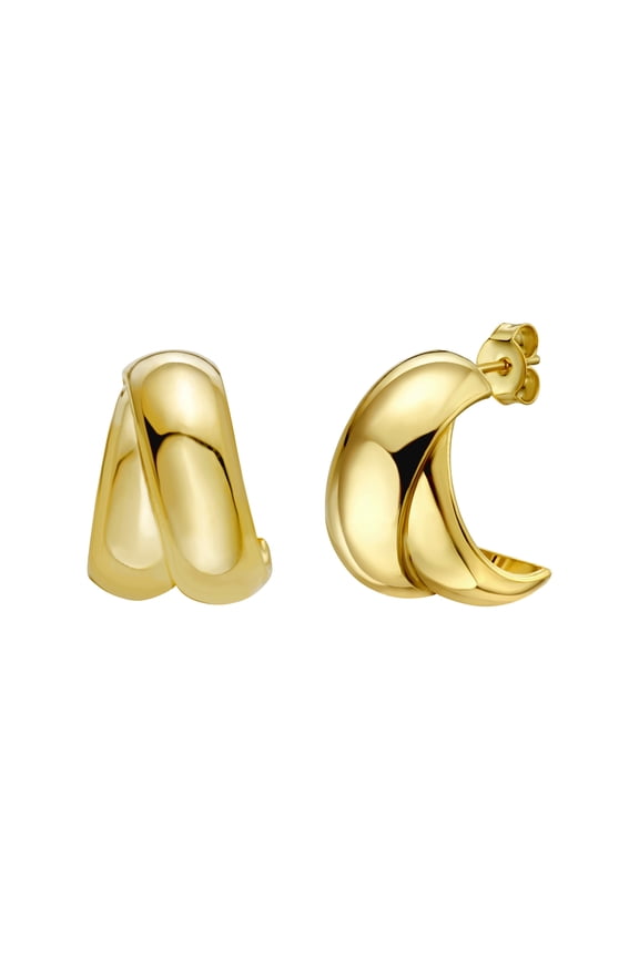 925 Sterling Silver Yellow Gold Plated Puffed Double Row Religious Faith Crossover C-hoop Polished Earrings With Push Ba