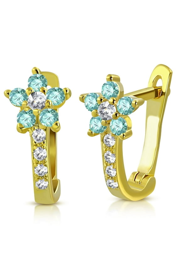 925 Sterling Silver Yellow Gold-Tone Aquamarine-Tone CZ Small Hoop Huggie Flower Floral Earrings, 0.5"