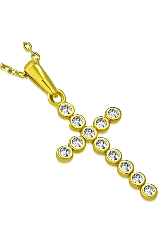 925 Sterling Silver Yellow Gold-Tone Bezel-Set White Cubic Zirconia Latin Cross Pendant Necklace