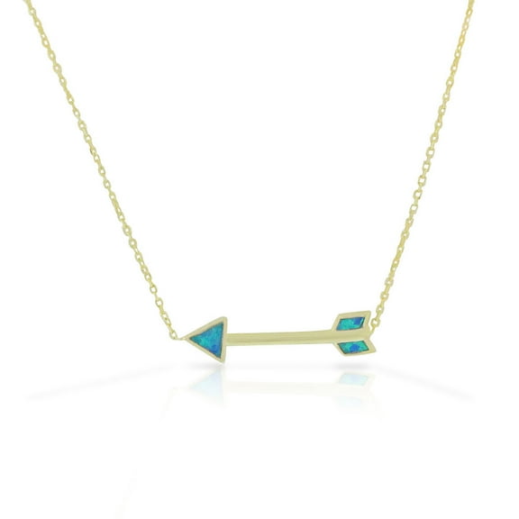 925 Sterling Silver Yellow Gold-Tone Blue Simulated Opal Sideways Arrow Pendant Necklace