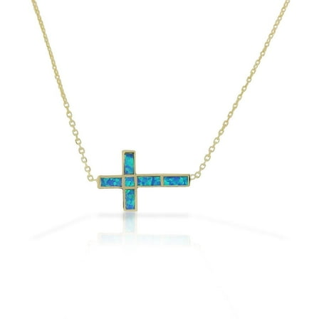 925 Sterling Silver Yellow Gold-Tone Blue Simulated Opal Sideways Cross Pendant Necklace