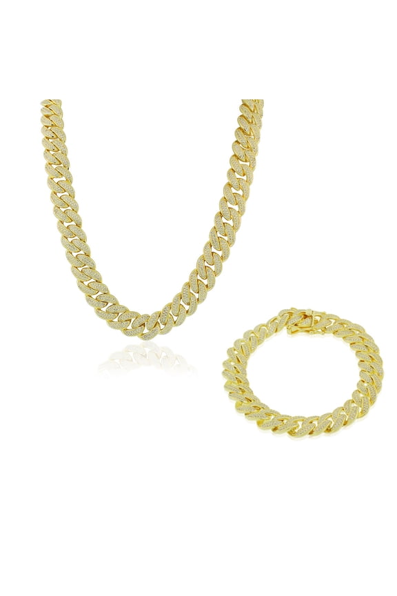 925 Sterling Silver Yellow Gold-Tone CZ Cuban Link Chain Bracelet Set