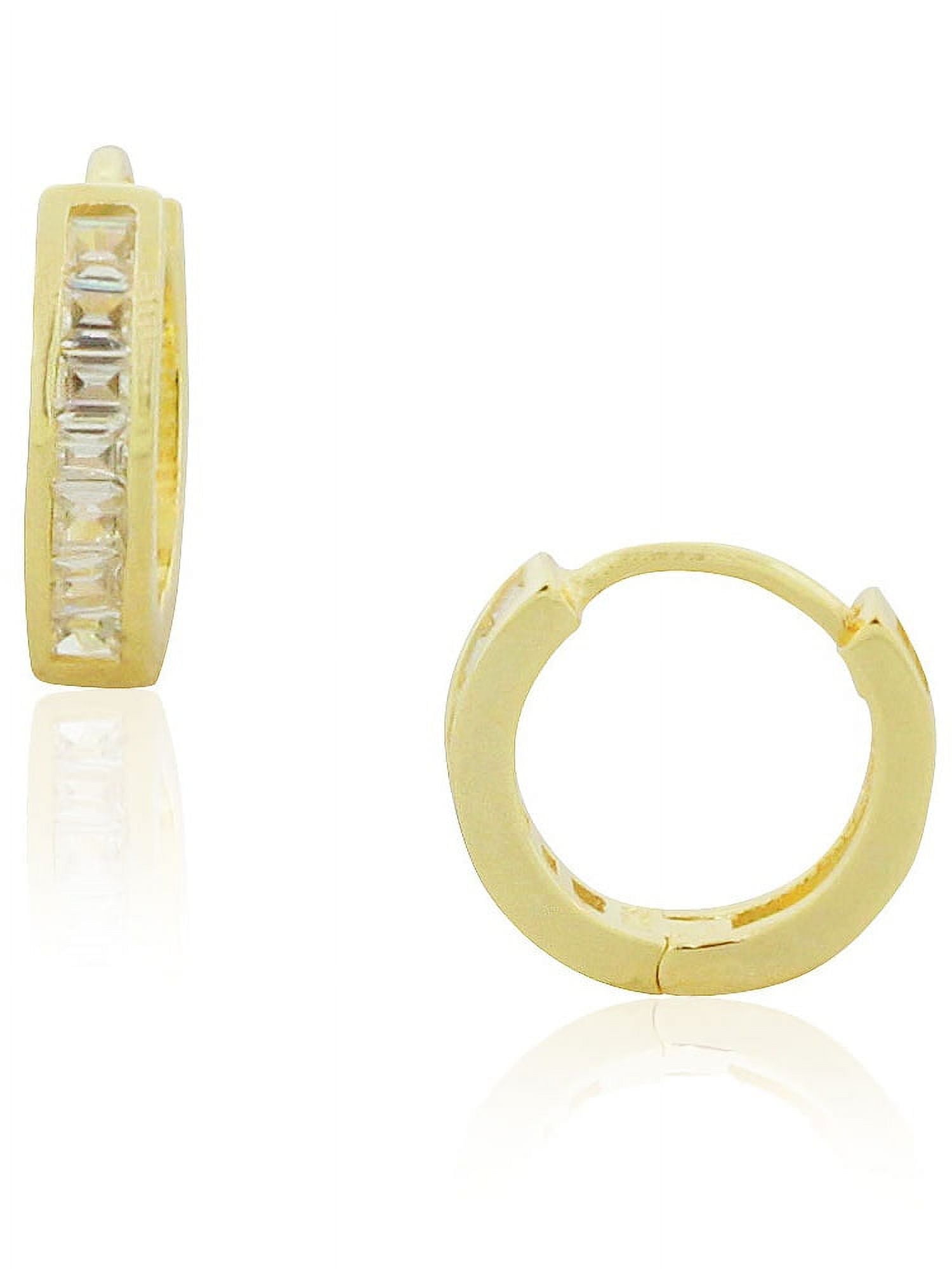 925 Sterling Silver Yellow Gold-Tone Clear Baguette CZ Huggie Hoop Earrings, 0.35"