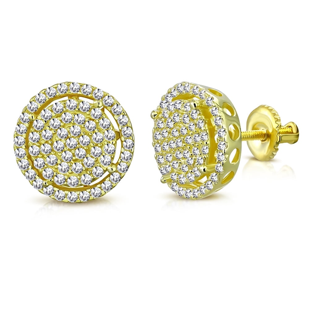 925 Sterling Silver Yellow Gold-Tone Clear CZ Round Stud Screw-back Earrings, 0.50"