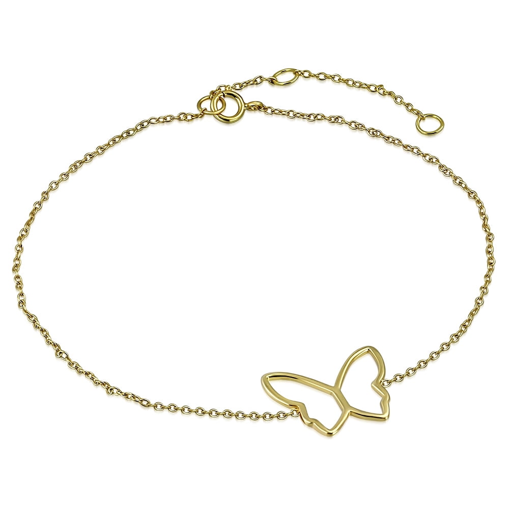 925 Sterling Silver Yellow Gold-Tone Cut-out Butterfly Anklet Bracelet, 11"