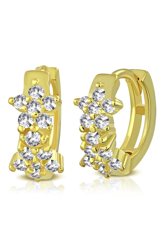 925 Sterling Silver Yellow Gold-Tone Flowers Clear CZ Hoop Huggie Earrings, 0.35"