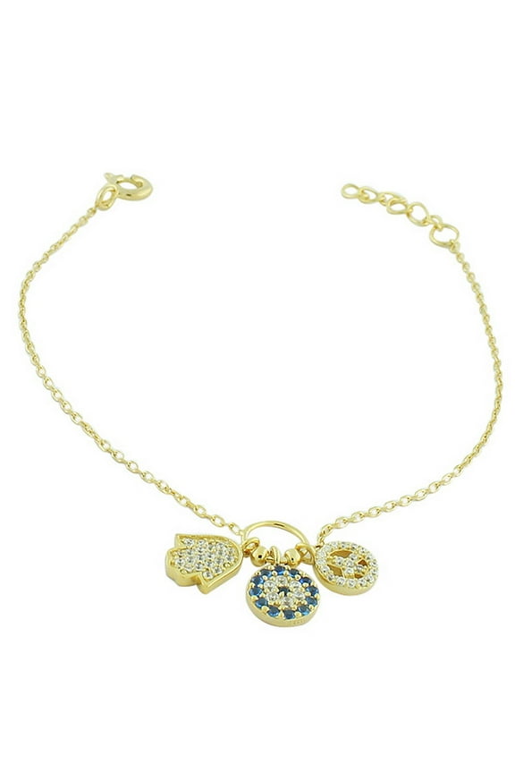 925 Sterling Silver Yellow Gold-Tone Hamsa Evil Eye Peace Link Chain Bracelet