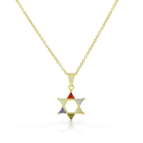 925 Sterling Silver Yellow Gold-Tone Jewish Star of David Multicolor CZ Pendant Necklace, 18"