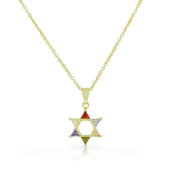 925 Sterling Silver Yellow Gold-Tone Jewish Star of David Multicolor CZ Pendant Necklace, 18"