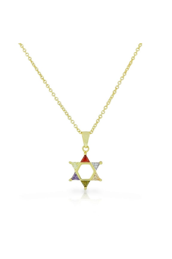 925 Sterling Silver Yellow Gold-Tone Jewish Star of David Multicolor CZ Pendant Necklace, 18"