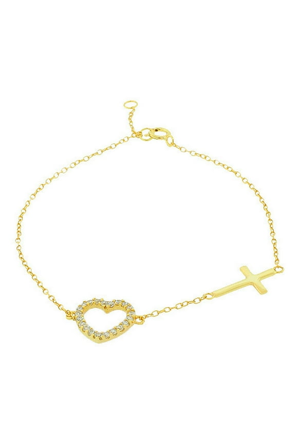 925 Sterling Silver Yellow Gold-Tone Love Heart Cross Charm White CZ Link Chain Bracelet