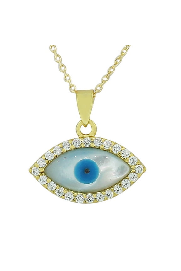 925 Sterling Silver Yellow Gold-Tone Simulated Mother-of-Pearl Evil Eye Pendant Necklace
