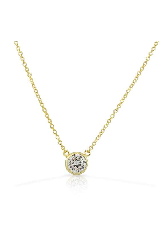 925 Sterling Silver Yellow Gold-Tone Solitaire Bezel-Set White CZ Pendant Necklace, 18"