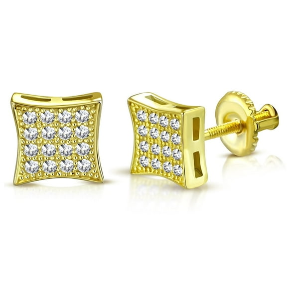 925 Sterling Silver Yellow Gold-Tone Square Clear CZ Stud Screw-back Earrings, 0.20in