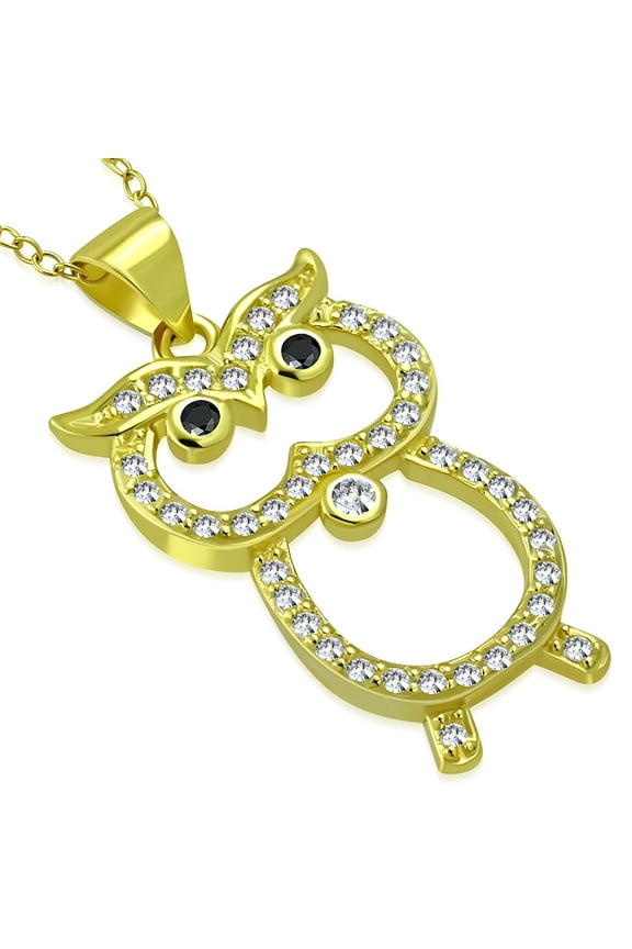 925 Sterling Silver Yellow Gold-Tone White Black CZ Owl Bird Pendant Necklace, 18"