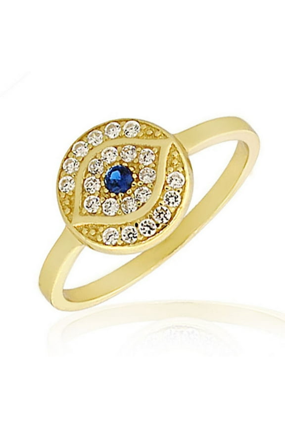 925 Sterling Silver Yellow Gold-Tone White Blue CZ Evil Eye Protection Ring Band - Size 6