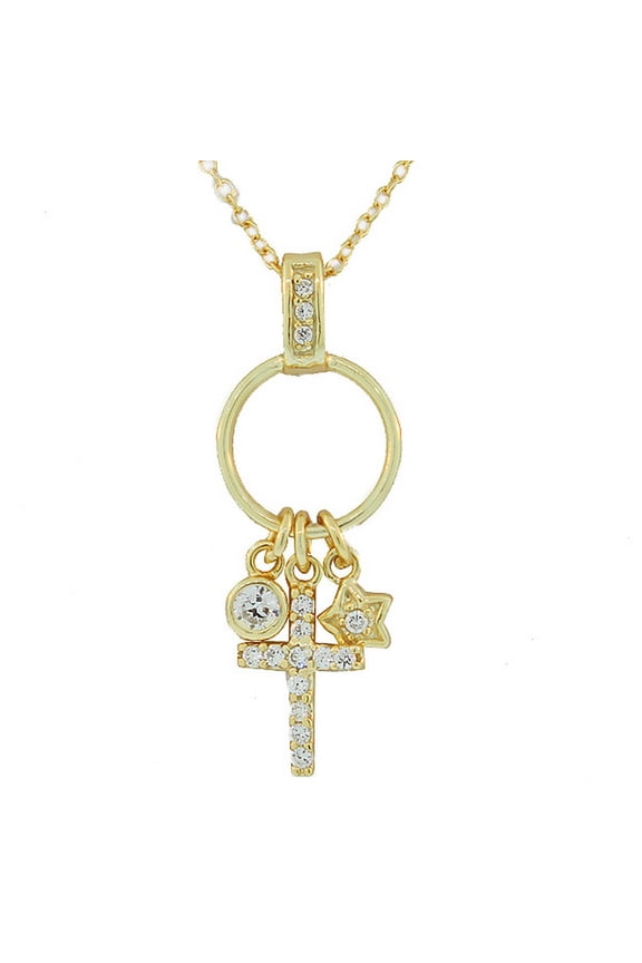 925 Sterling Silver Yellow Gold-Tone White CZ Cross Star Charms Link Chain Necklace