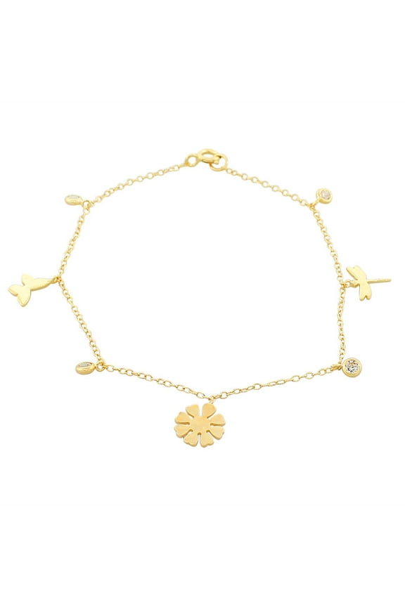 925 Sterling Silver Yellow Gold-Tone White CZ Dragonfly Flower Womens Girls Link Chain Bracelet
