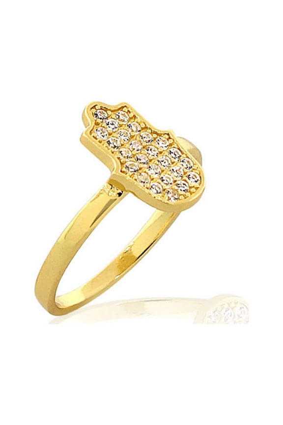 925 Sterling Silver Yellow Gold-Tone White CZ Hamsa Hand Good Luck Ring Band - Size 5